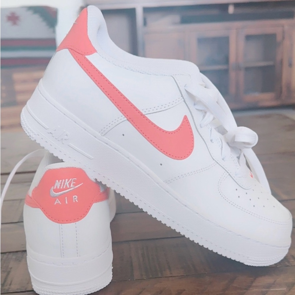 Nike Air Force 1 White and Coral Sneakers